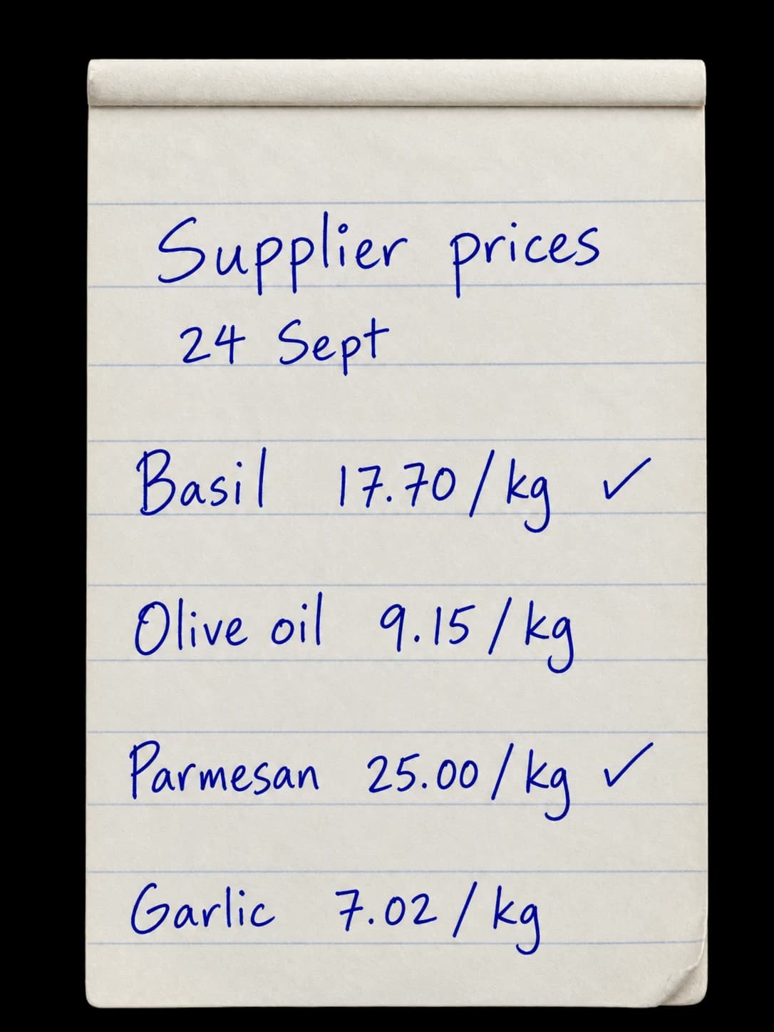 A plain kitchen notepad with handwritten supplier prices.
